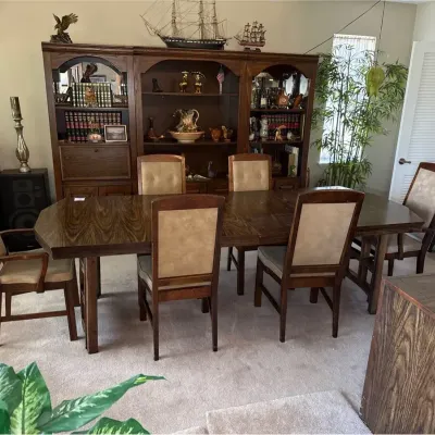 Wooden Dining Table Open Grid Pedestal Base With 6 Chairs 