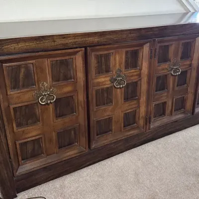 Wooden Credenza With Brass Toned Ring Pulls 70x19x31*Contents Not Included*