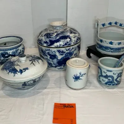 Chinese Blue And White Porcelain Including Brush Pot, Water Bucket Vase, Tea Caddy, Lidded Jar