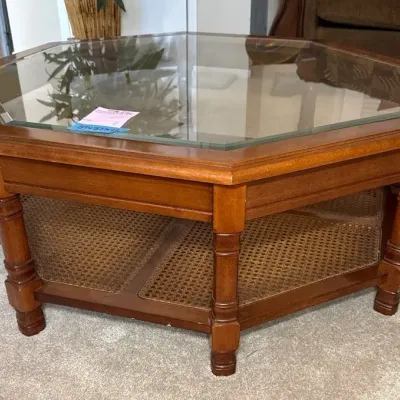 Octagon Wooden Coffee Table With Glass Top And Caned Shelf 37x37x15