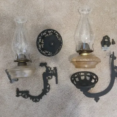 2 Antique Swing Arm Wall Bracket & Kerosene Oil Lamp