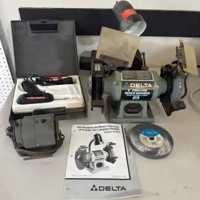 Weller Solder, Delta Bench Grinder, Vice And Vintage Motor 