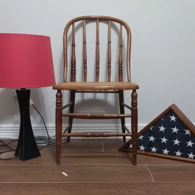 Wicker Chair, American Flag, & Lamp