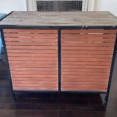 Wood Slats Bar Table, Metal Frame