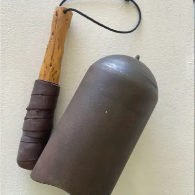 Metal Bell Chime With Dark Ionized Finish And Wooden Striker Wrapped In Leather