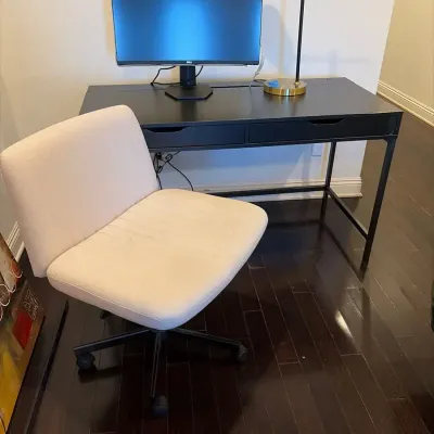 Black MDF Desk and Extra Wide Ivory Armless Desk Chair on Casters