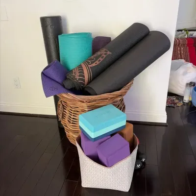 Yoga Mats and Blocks in Wicker Basket