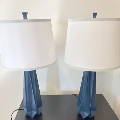 Modern Geometric Blue Lamps with White Shades, 2 Pieces