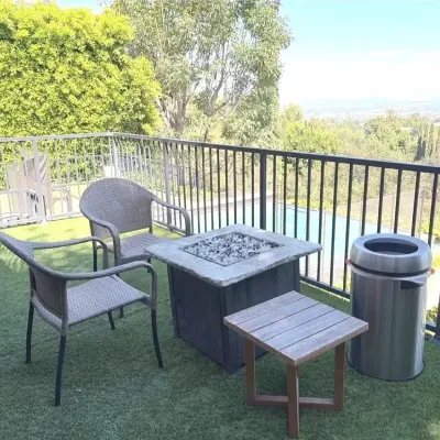 Patio Furniture: Fire Pit, 2 Chairs, Table, Trash Bin