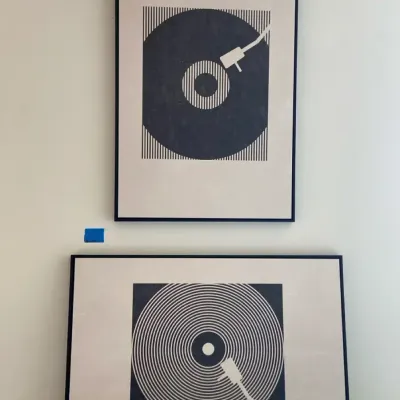 Pair MCM Record Player Abstract Illustrations