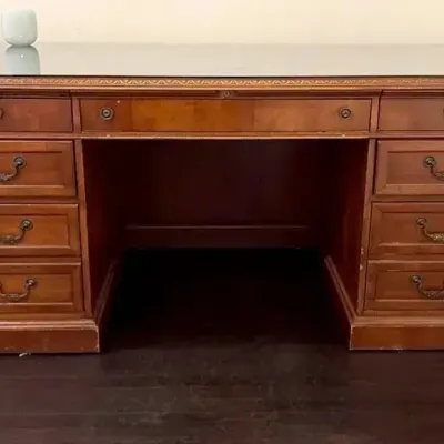 Antique Double Pedestal Executive Desk with Leather Inlays, Oversized and Heavy 