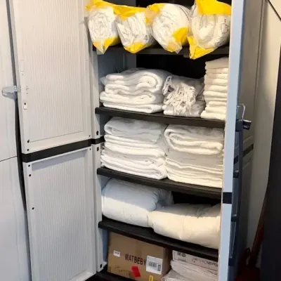 Utility Cabinet/Shed with Bed Linen | Queen Comforters, Bath Towels, Duvets