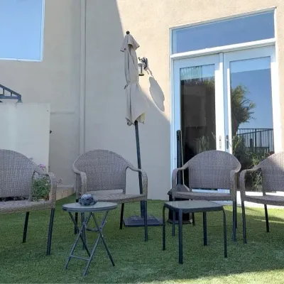Patio Set: 4 Chairs, 2 Small Tables, Umbrella with Stand