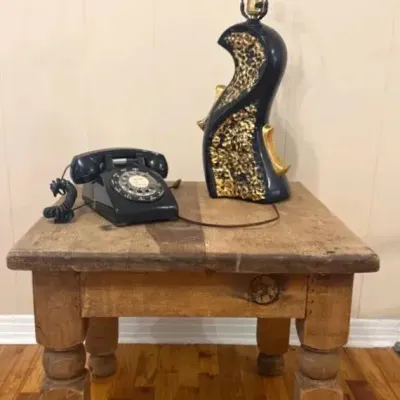Rustic Wood Side Table with Vintage Rotary Phone & Sculptural Lamp