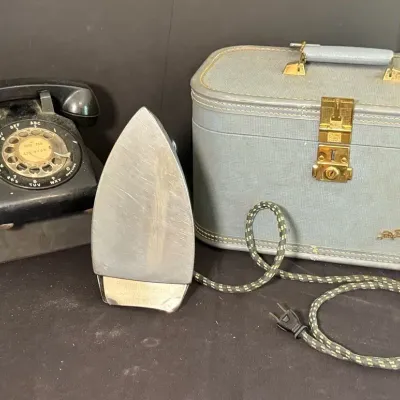 Light Blue Lady Baltimore Vintage Luggage, Rotary Phone And GE Vintage Iron 