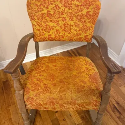  Vintage Wood Armchair with Orange Floral Upholstery