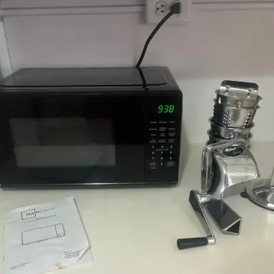 Mainstays Microwave, Salad King Vegetable Cutter, And Trash Can