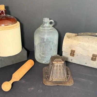 Vintage Jug, Vintage Masher And Lunchbox, Vintage Campfire Toaster 