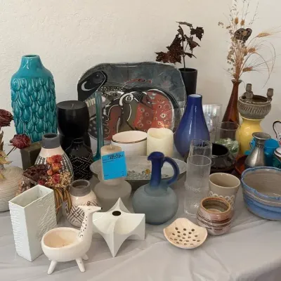 Clay Vases, Candles, Bird Themed Platter