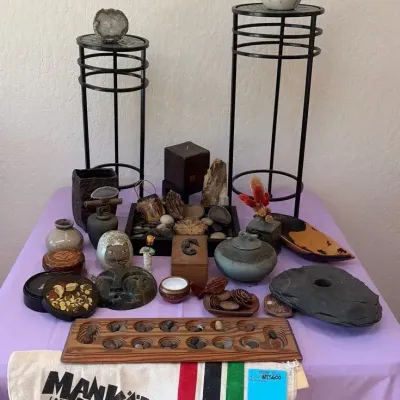 Mankala Wood Board Game, Clay Decor, Two Wrought Iron Stands 
