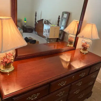 Dresser With Mirror And Night Stand Plus Lamps