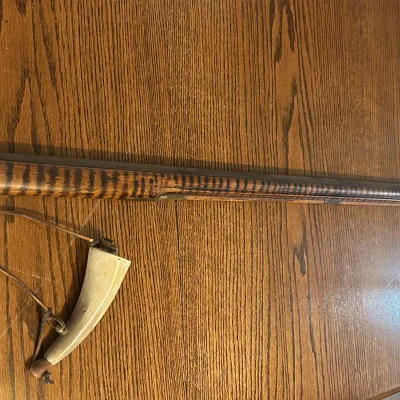 Antique American Tiger Stripe Stock Longrifle w/ Powder Horn