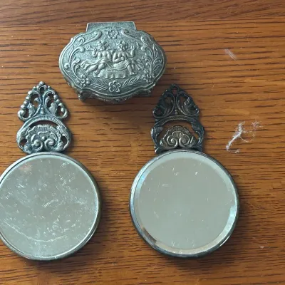 Vintage Silver Plate Hand Held Mirrors and Trinket Box