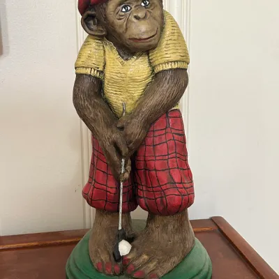 Vintage 1970s Chalkware Monkey Golf Sculpture