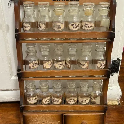 Vintage Wooden Spice Rack w/ 18 Original Bottles