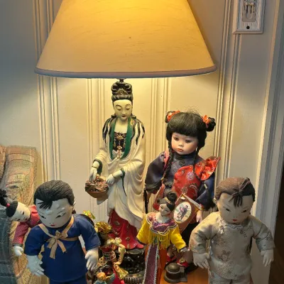 Vintage Asian Character Dolls and Porcelain Figurine Lamp