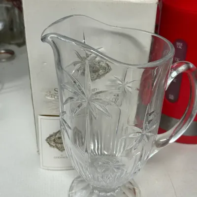 Cut Crystal Floral Palm Trees Glass Water Pitcher