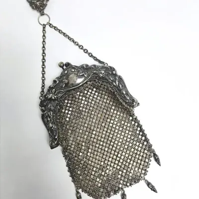 Antique German Silver Mesh Purse with Chatelaine Clip