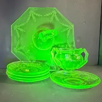 Vintage Uranium Glass Tidbit Tray, Sugar Bowl & Saucers