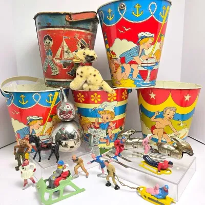 Vintage Ohio Art & Chein Tin Litho Sand Pails, Steiff Dolly Dalmatian & More