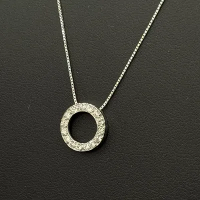 14K White Gold Chain with White Topaz Circle Pendant 