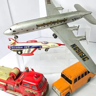 Vintage Linemar Firetruck, Cragstan USAF Jet, Pan Am Airplane & Pressed Steel School Bus