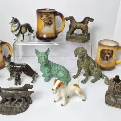 Vintage Dog Bookends, Metal & Ceramic Figurines, Taylor Smith Taylor Ceramic Mugs