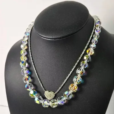 Swarovski Aurora Borealis Crystal Bead & Pave Heart Pendant Necklaces (2)