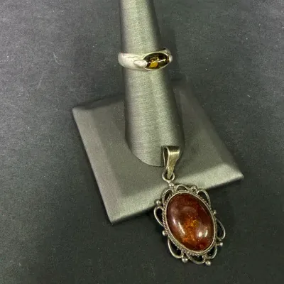 Sterling Silver Amber Color Pendant & Ring - Size 5.75