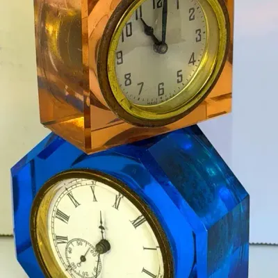 Antique EN Welch Blue Glass "Jewel" Desk Clock Plus Vintage Lucite Clock