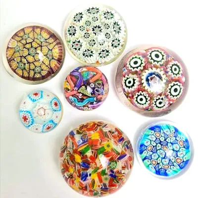 Millefiori Art Glass Paperweights Including Murano & Artisan Signed