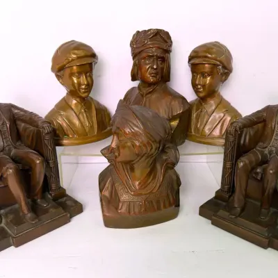 Vintage Jennings Brothers Bookends, Abraham Lincoln & Newsboys, Plus Dante & Beatrice Bookends