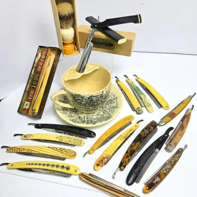 Vintage & Antique Straight Razors,  Shaving Brush and Crown Devon Mug