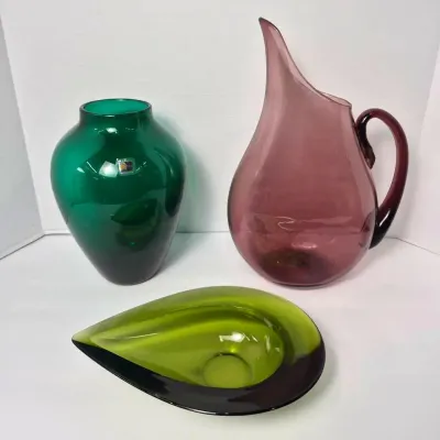 Midcentury Teardrop Glass Bowl 10", Blenko Green Vase 9.5" & Amethyst Pitcher 13.5"