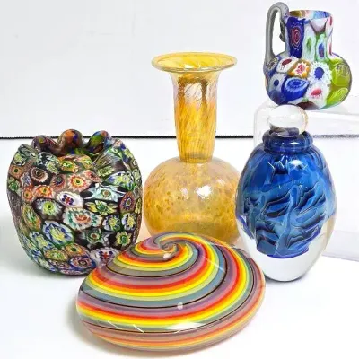 Art Glass: Millefiori Miniature Pitcher & Ruffled Vase, Signed Bottle with Stopper & More