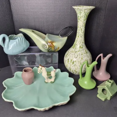 Midcentury Pottery: Niloak Ewers, Catalina Leaf Plate, Speckled  Vase 16" & More