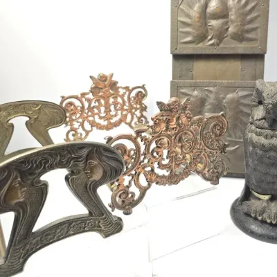 Carved Wood Owl Inkwell 8" Plus Sliding Bookends Including Art Nouveau 
