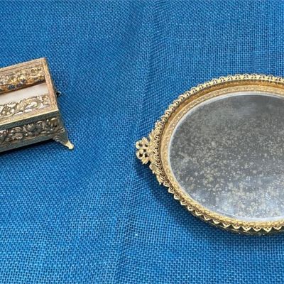 Sale Photo Thumbnail #18: Lot # : 25 - Vintage Filligree Gold-tone Mirror and Trinket Box
