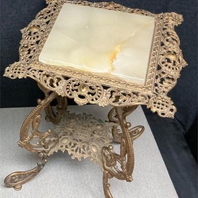 Sale Photo Thumbnail #156: Lot # : 173 - Vintage Ornate Brass Table w/Marble Top
