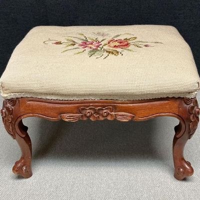 Sale Photo Thumbnail #36: Lot # : 43 - Vintage Wooden Stool With Floral Stitched Top
